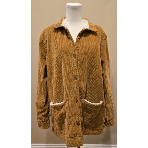 LL Bean Corduroy Relaxed Sherpa Lined Shacket Shirt Jacket Womens XL Brown - Picture 2 of 12